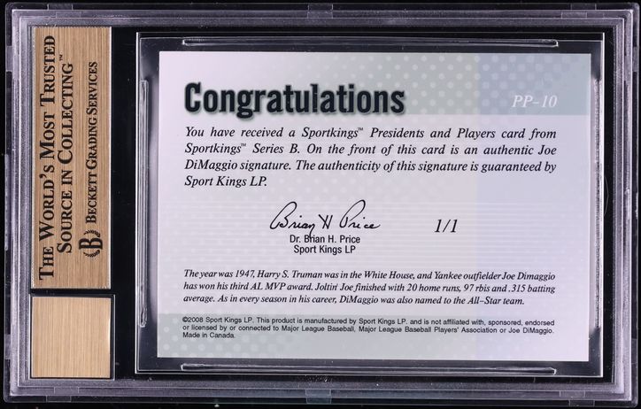 2008 Sportkings Presidents And Players Joe DiMaggio AUTO 1/1 #PP-10 BGS 9.5 GEM MINT