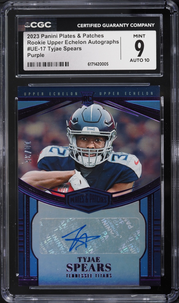 2023 Panini Plates & Patches Upper Echelon Purple Tyjae Spears ROOKIE AUTO /35 #UE-17 CGC 9