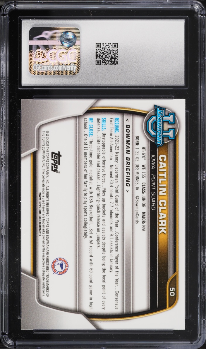 2022 Bowman Chrome University Caitlin Clark ROOKIE #50 CGC 9.5 MINT+