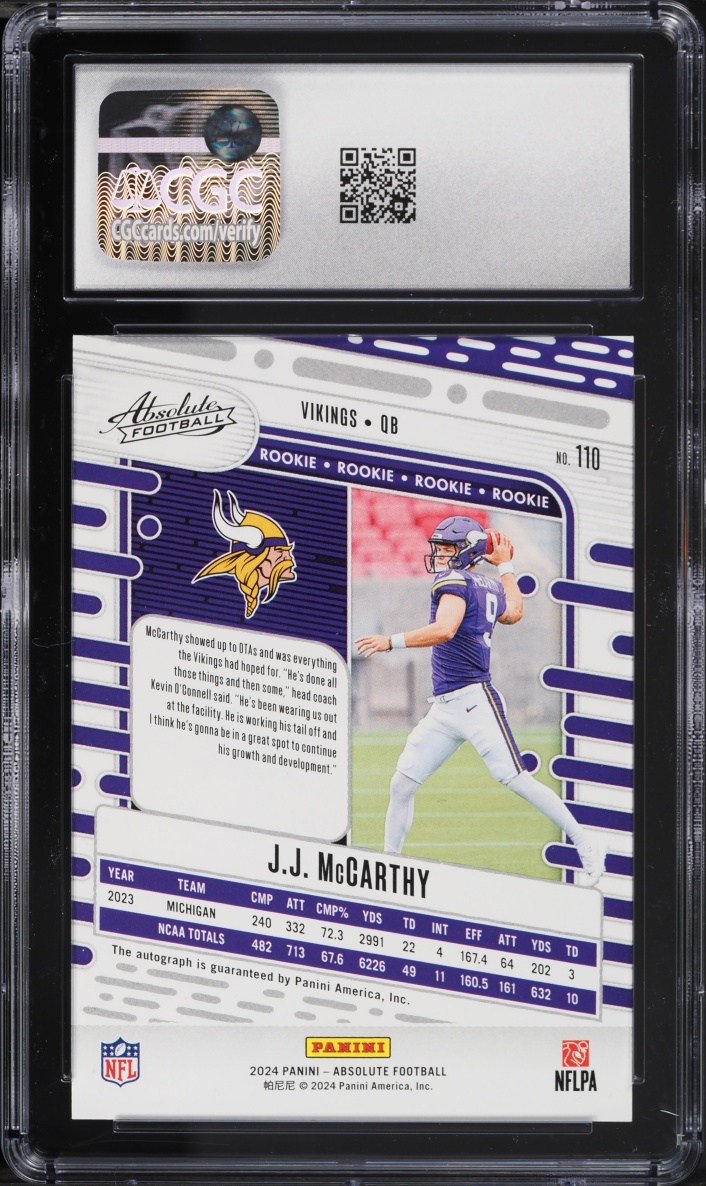 2024 Absolute Signatures J.J. McCarthy ROOKIE AUTO #110 CGC 10 GEM MINT