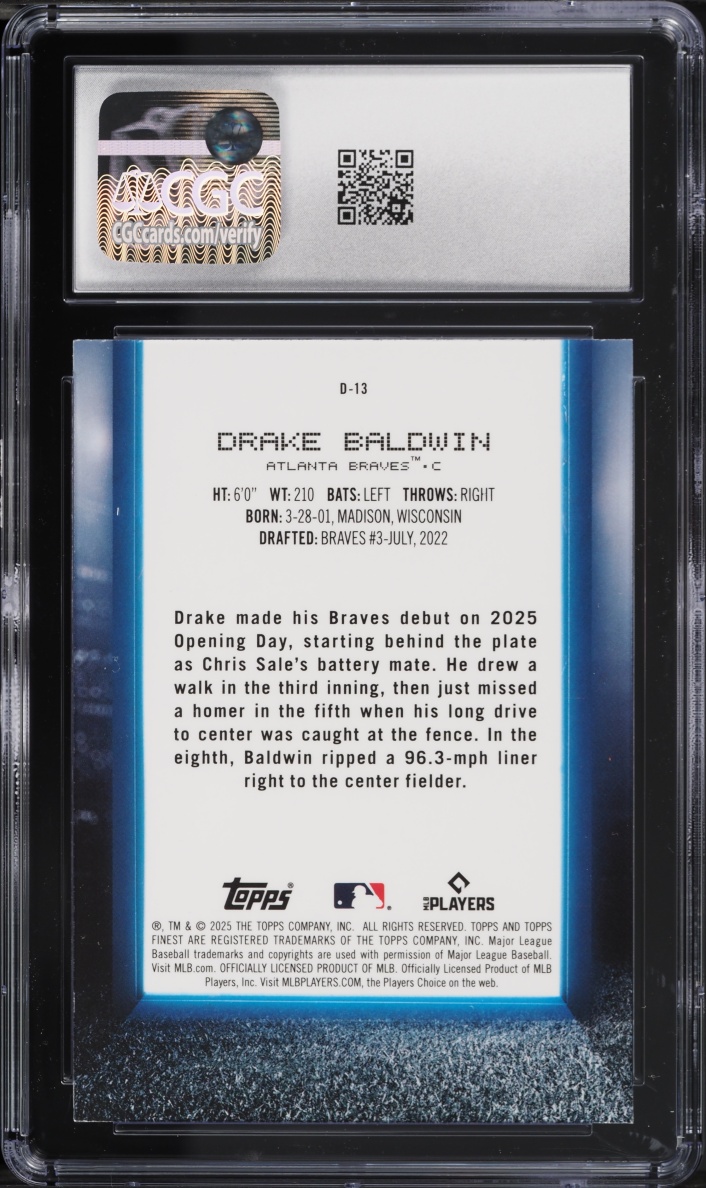 2025 Finest Debut Sky Blue Refractor Drake Baldwin ROOKIE /150 #D-13 CGC 8 NM-MT