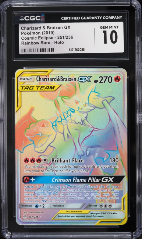 2019 Pokemon Sun & Moon Cosmic Eclipse Rainbow Rare Charizard & Braixen GX #251 CGC 10 GEM MINT