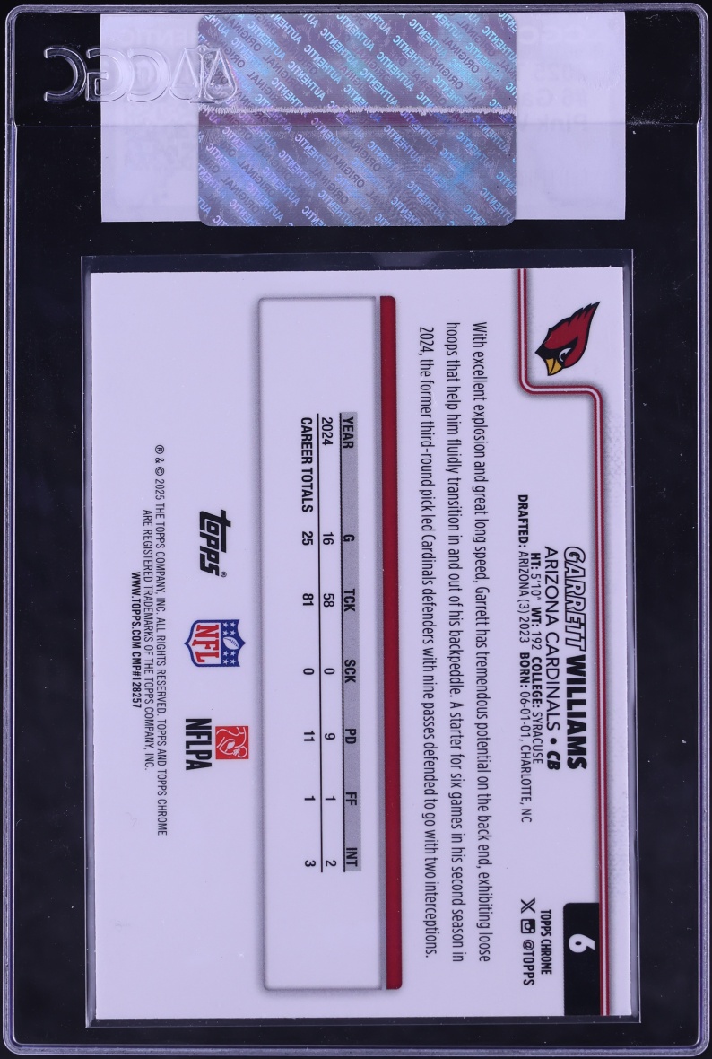 2025 Topps Chrome Pink Wave Refractor Garrett Williams /250 #6 CGC AUTH