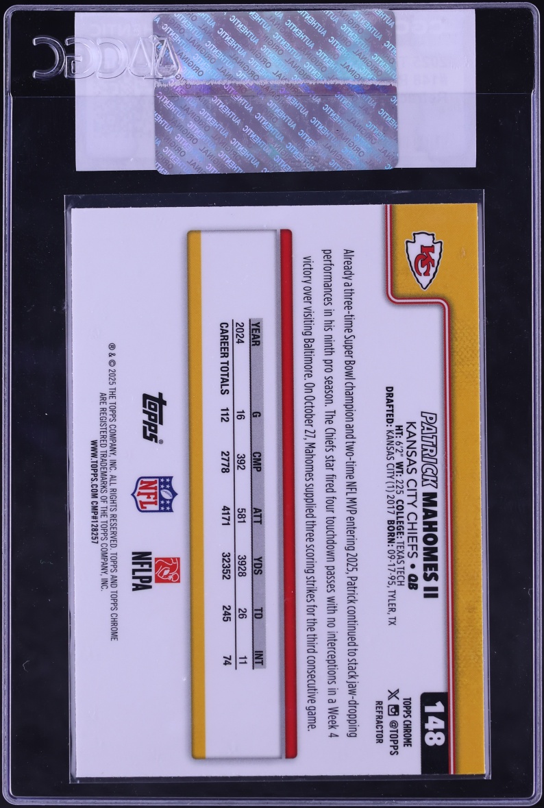 2025 Topps Chrome Refractor Patrick Mahomes II #148 CGC AUTH