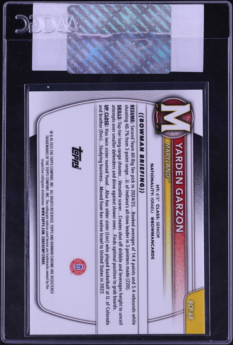 2025 Bowman Chrome University Yarden Garzon PROSPECT #BCP-68 CGC AUTH