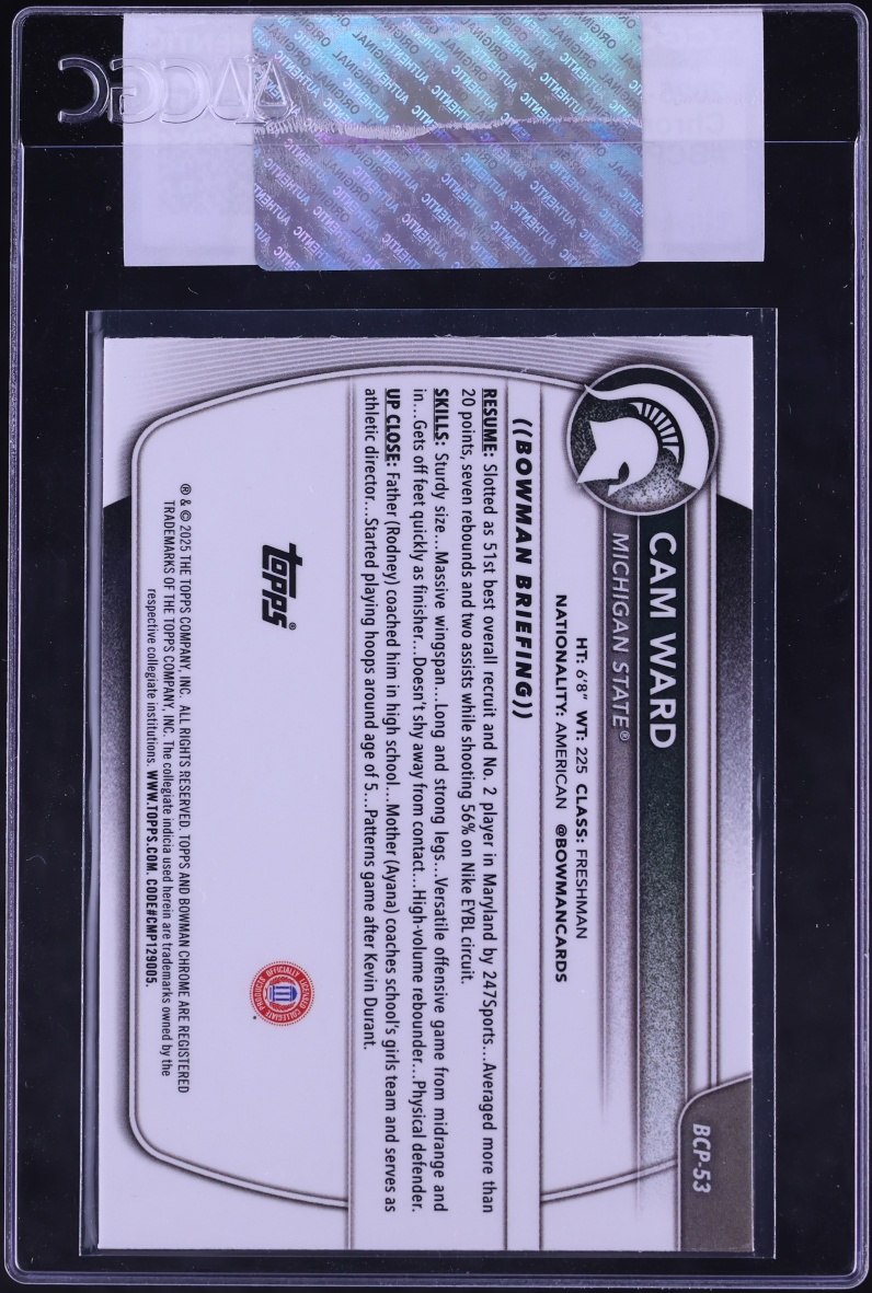 2025 Bowman Chrome University Cam Ward PROSPECT #BCP-53 CGC AUTH