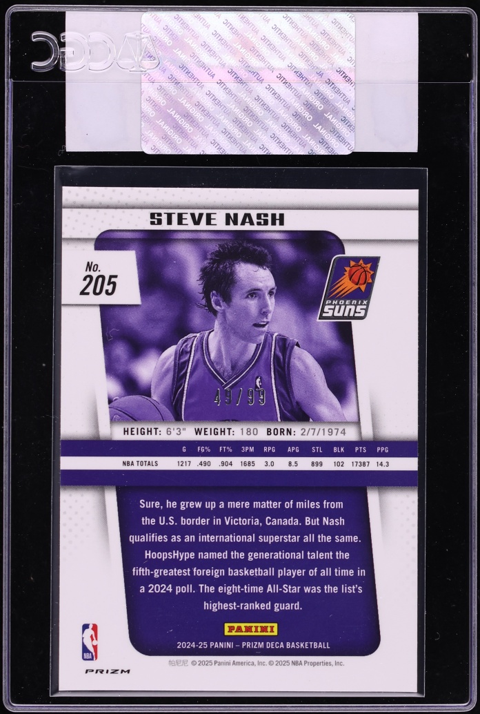 2024 Panini Prizm Deca Purple Steve Nash /99 #205 CGC AUTH