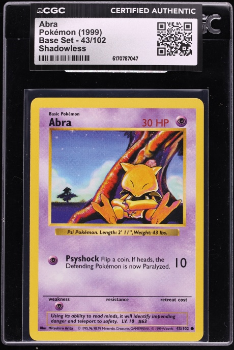 1999 Pokemon Base Set Shadowless Abra #43 CGC AUTH