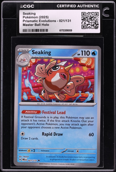 2025 Pokemon SV Prismatic Evolutions Master Ball Reverse Holo Seaking #21 CGC AUTH