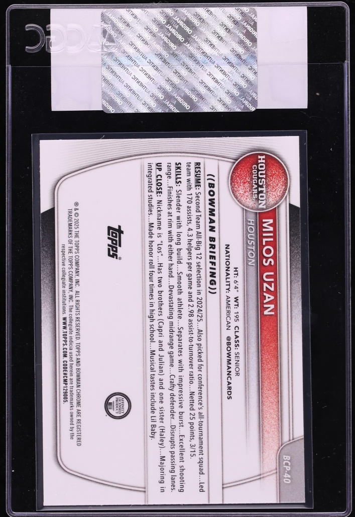 2025 Bowman Chrome U Milos Uzan PROSPECT #BCP-40 CGC AUTH