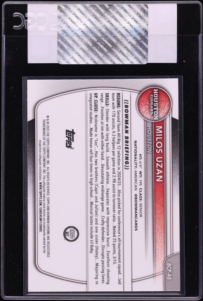 2025 Bowman Chrome U Milos Uzan PROSPECT #BCP-40 CGC AUTH