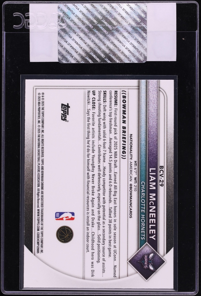 2025 Bowman Chrome Liam McNeeley ROOKIE #BCV-29 CGC AUTH