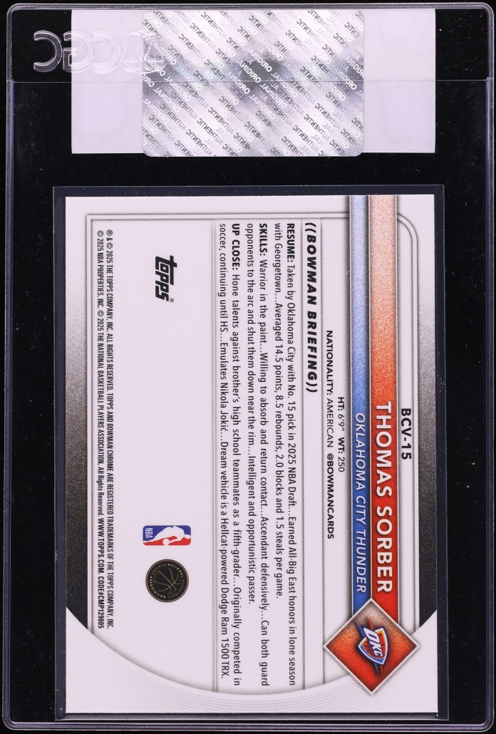 2025 Bowman Chrome Thomas Sorber ROOKIE #BCV-15 CGC AUTH