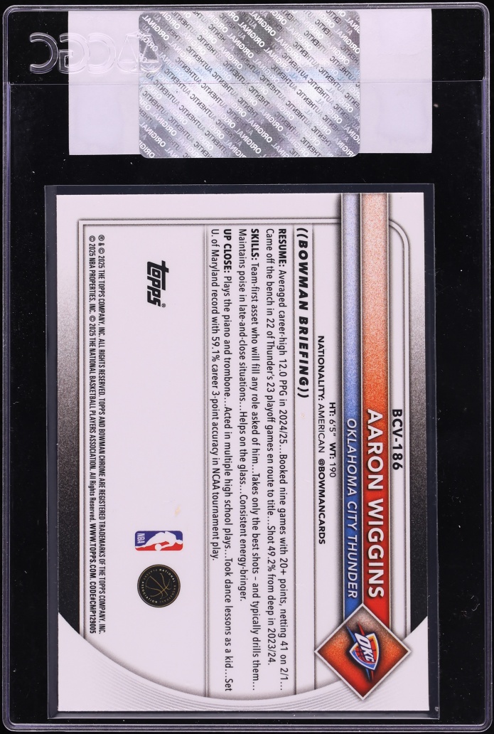 2025 Bowman Chrome Reptilian Refractor Aaron Wiggins #BCV-186 CGC AUTH