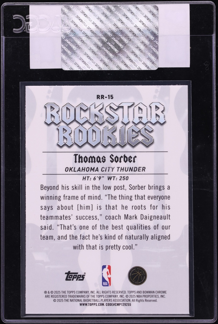 2025 Bowman Rockstar Thomas Sorber ROOKIE #RR-15 CGC AUTH