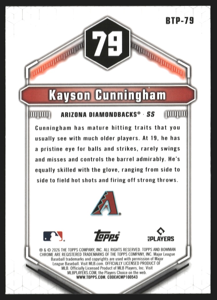 2026 Bowman Chrome Scouts Top 100 Kayson Cunningham PROSPECT #BTP-79