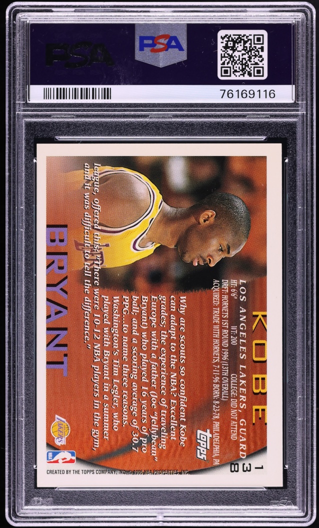 1996 Topps Basketball Kobe Bryant ROOKIE #138 PSA 9 MINT