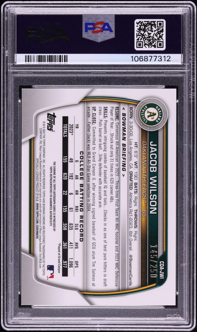 2023 Bowman Chrome Draft Purple Ref. Jacob Wilson PROSPECT AUTO /250 #CDA-JWI PSA 10 GEM MINT