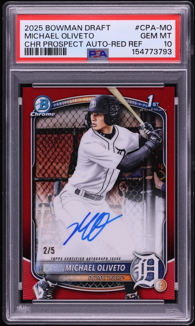 2025 Bowman Draft Chrome Red Ref Michael Oliveto PROSPECT AUTO /5 #CPA-MO PSA 10 GEM MINT