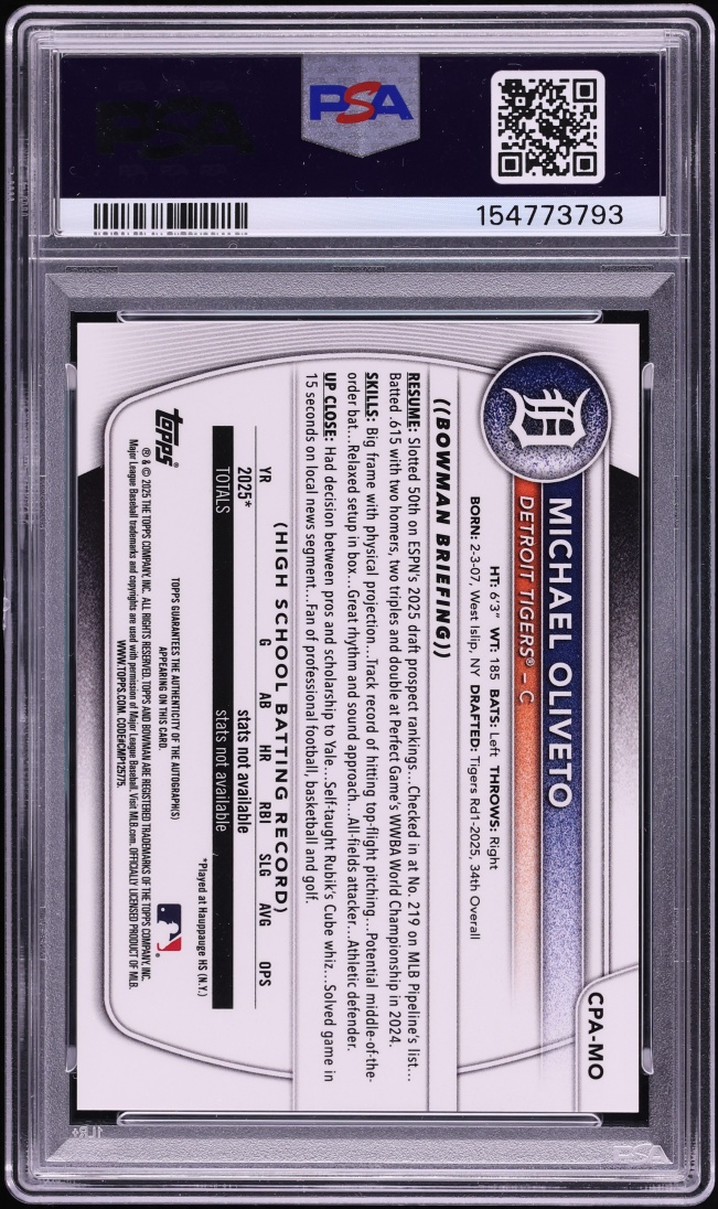 2025 Bowman Draft Chrome Red Ref Michael Oliveto PROSPECT AUTO /5 #CPA-MO PSA 10 GEM MINT