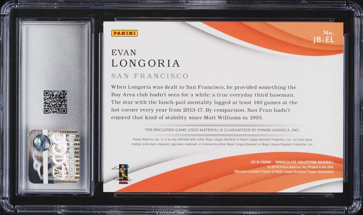 2018 Immaculate Collection Jumbo Bat Blue Evan Longoria RELIC 5/5 #JB-EL CGC 9 MINT