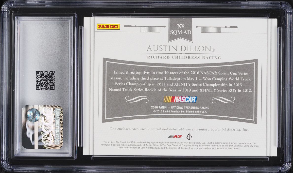 2016 National Treasures Signature Quad Gold Austin Dillon PATCH AUTO /10 #SQM-AD CGC 9 MINT