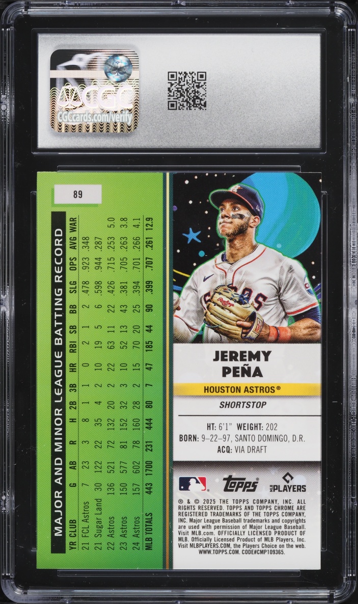 2025 Topps Chrome Cosmic Green Space Dust Refractor Jeremy Pena /75 #89 CGC 8.5 NM-MT+