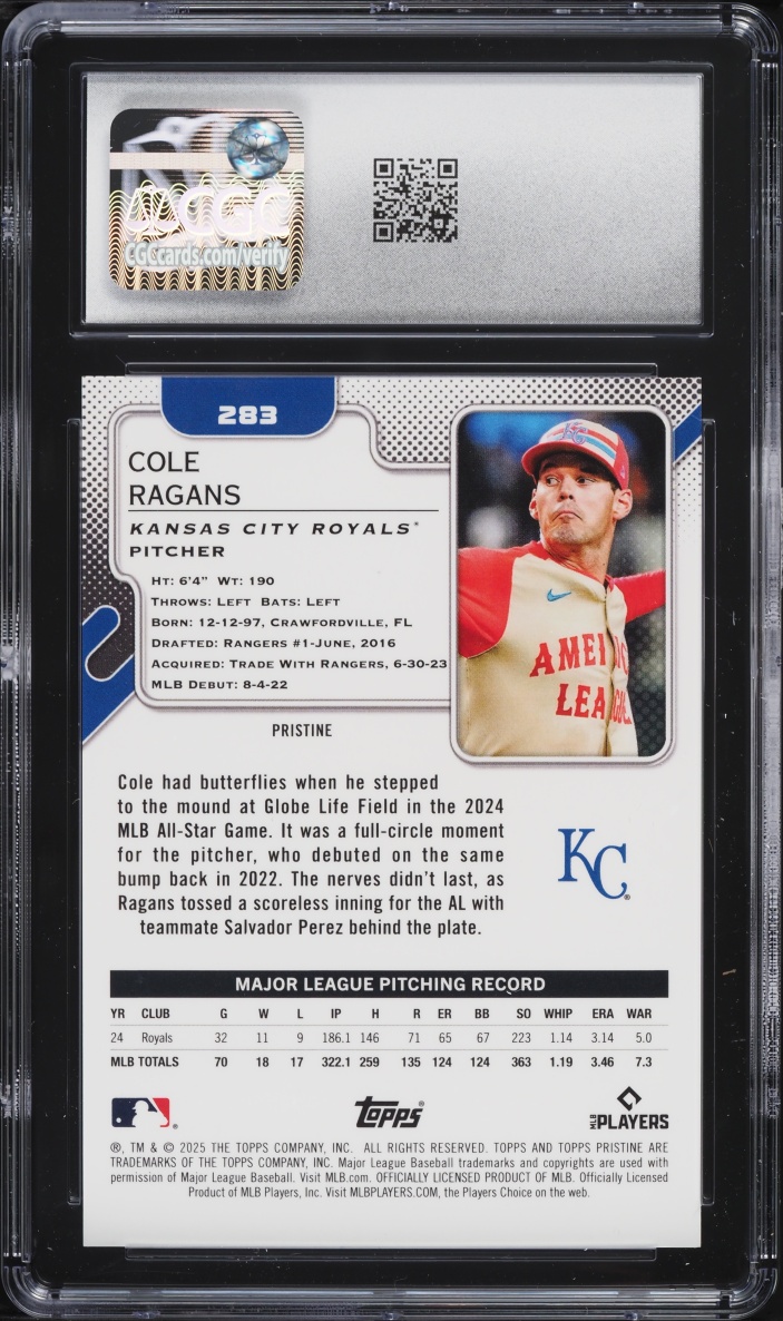 2025 Topps Pristine Pink Refractor Cole Ragans /15 #283 CGC 10 GEM MINT