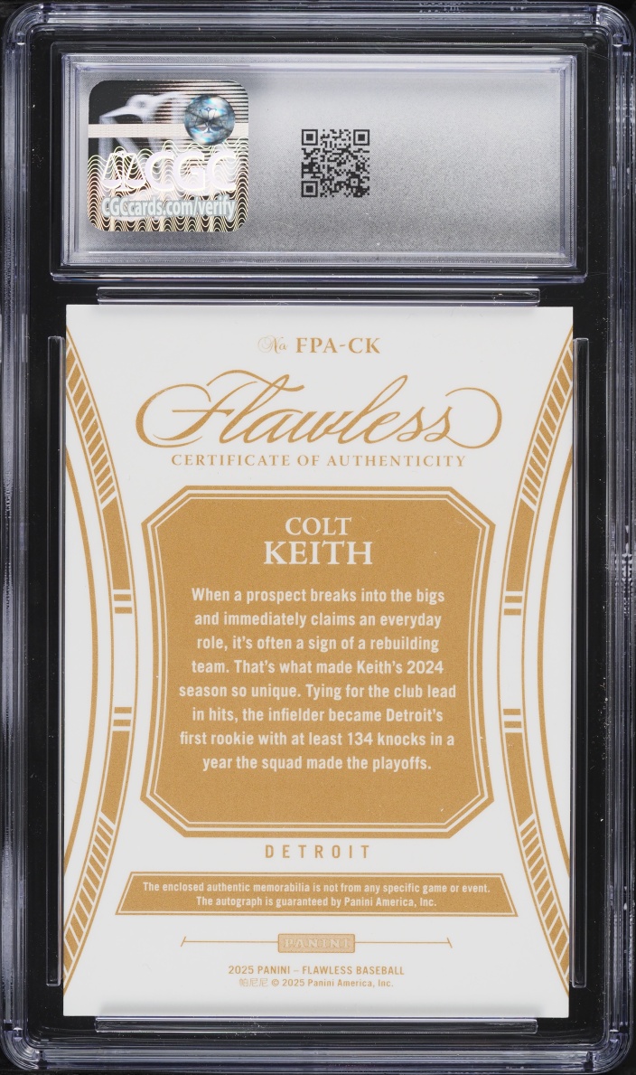 2025 Panini Flawless Colt Keith PATCH AUTO /25 #FPA-CK CGC 10 GEM MINT