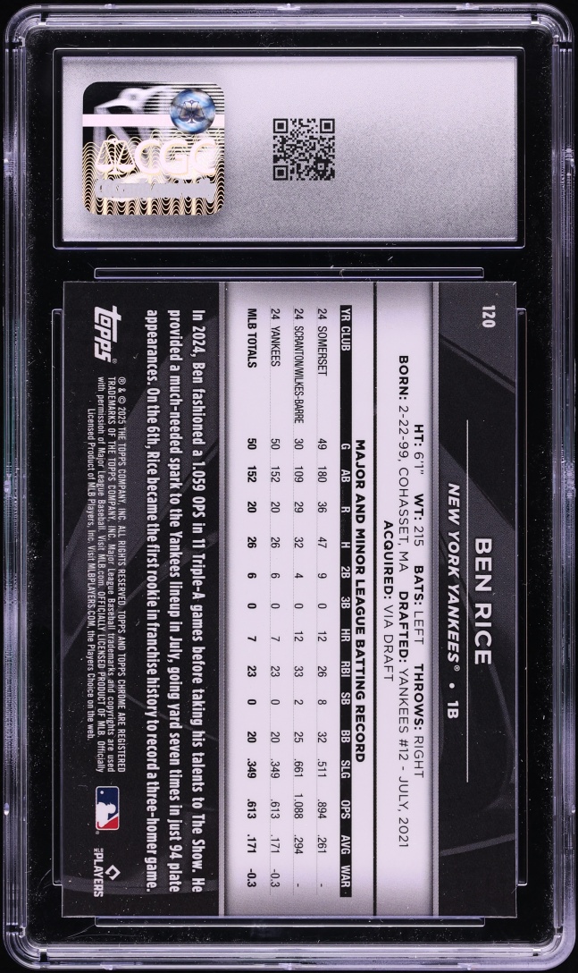 2025 Topps Chrome Black Ben Rice ROOKIE #120 CGC 8 NM-MT