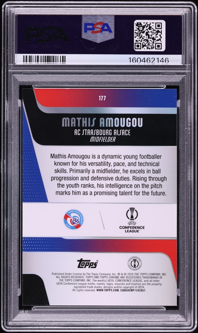 2025 Topps Chrome UEFA Club Competitions Green Geometric Mathis Amougou ROOKIE /99 #177 PSA 7