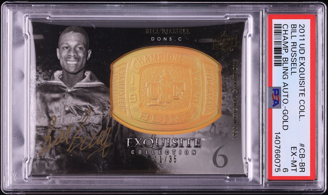 2011 Upper Deck Exquisite Collection Championship Bling Gold Bill Russell PATCH AUTO /35 PSA 6
