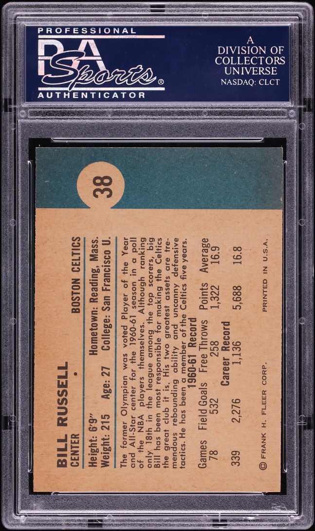 1961 Fleer Basketball Bill Russell ROOKIE #38 PSA 8 NM-MT