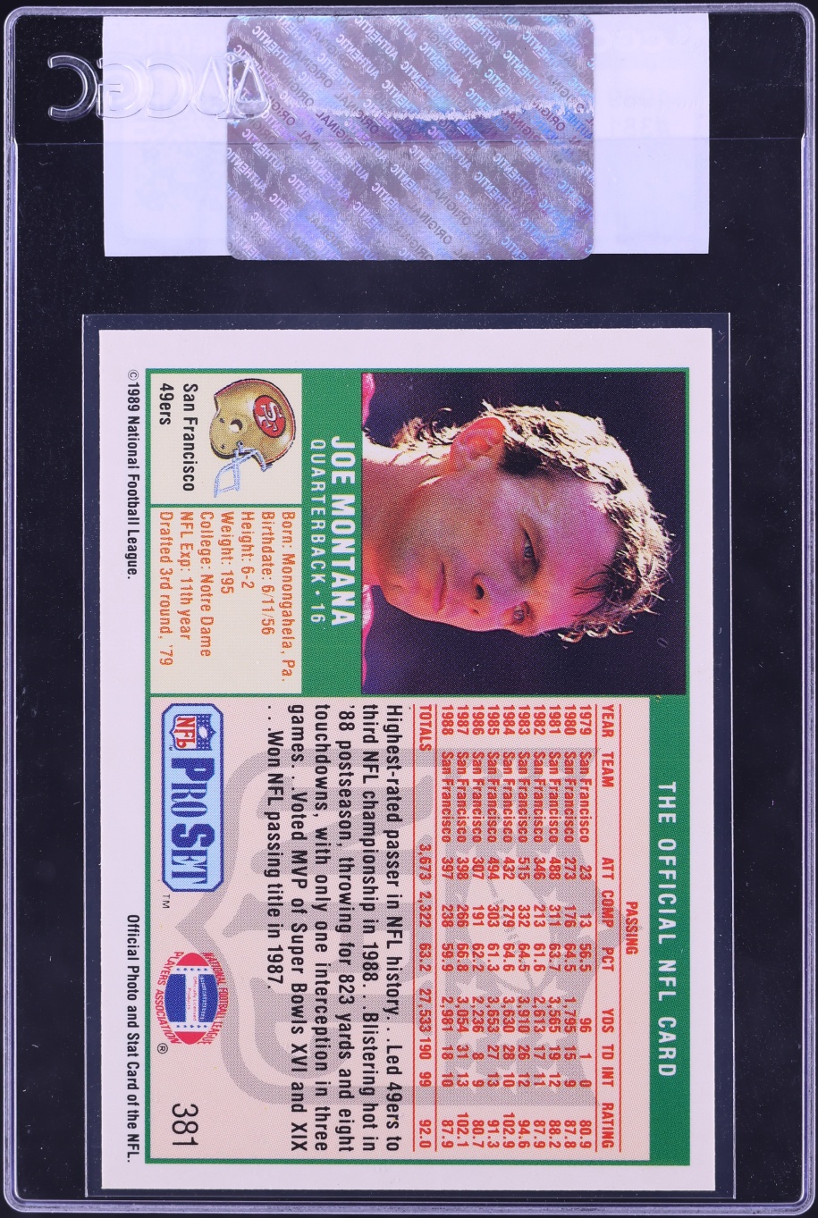 1989 Pro Set Football Joe Montana #381 CGC AUTH