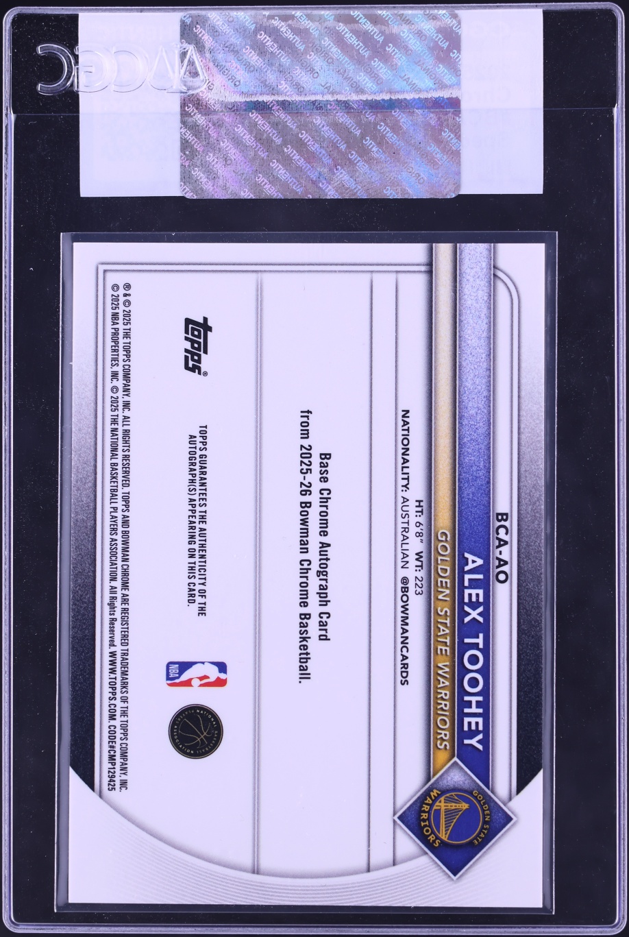 2025 Bowman Chrome Speckle Refractor Alex Toohey ROOKIE AUTO /299 #BCA-AO CGC AUTH