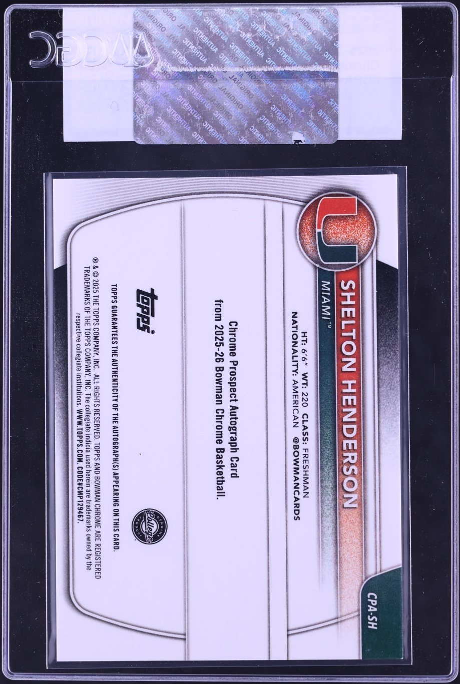 2025 Bowman Chrome Prospect Speckle Refractor Shelton Henderson AUTO /299 #CPA-SH CGC AUTH