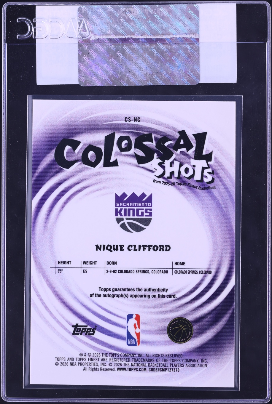 2025 Finest Colossal Shots Green Geometric Ref Nique Clifford ROOKIE AUTO /75 #CS-NC CGC AUTH