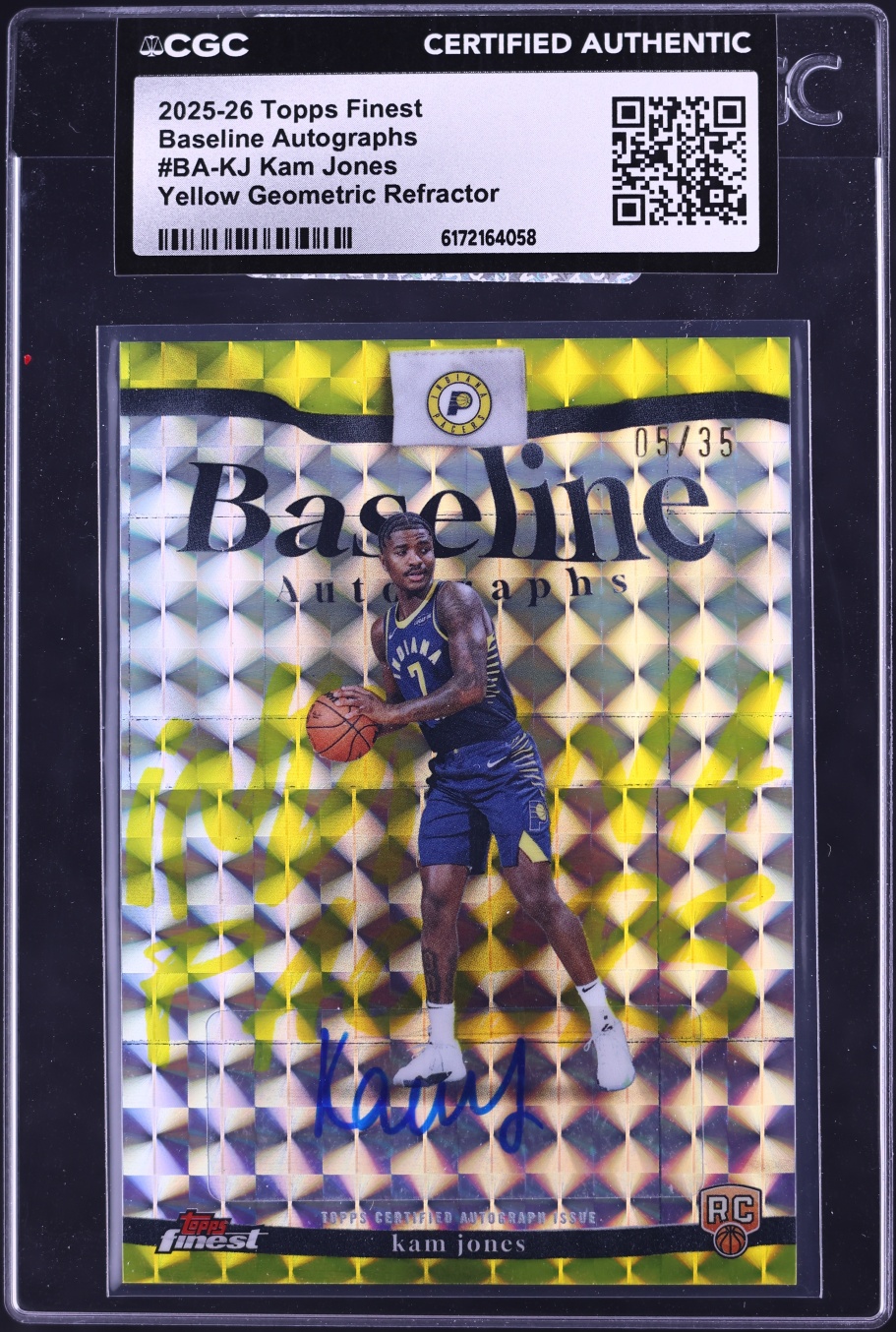 2025 Finest Baseline Yellow Geometric Refractor Kam Jones ROOKIE AUTO /35 #BA-KJ CGC AUTH
