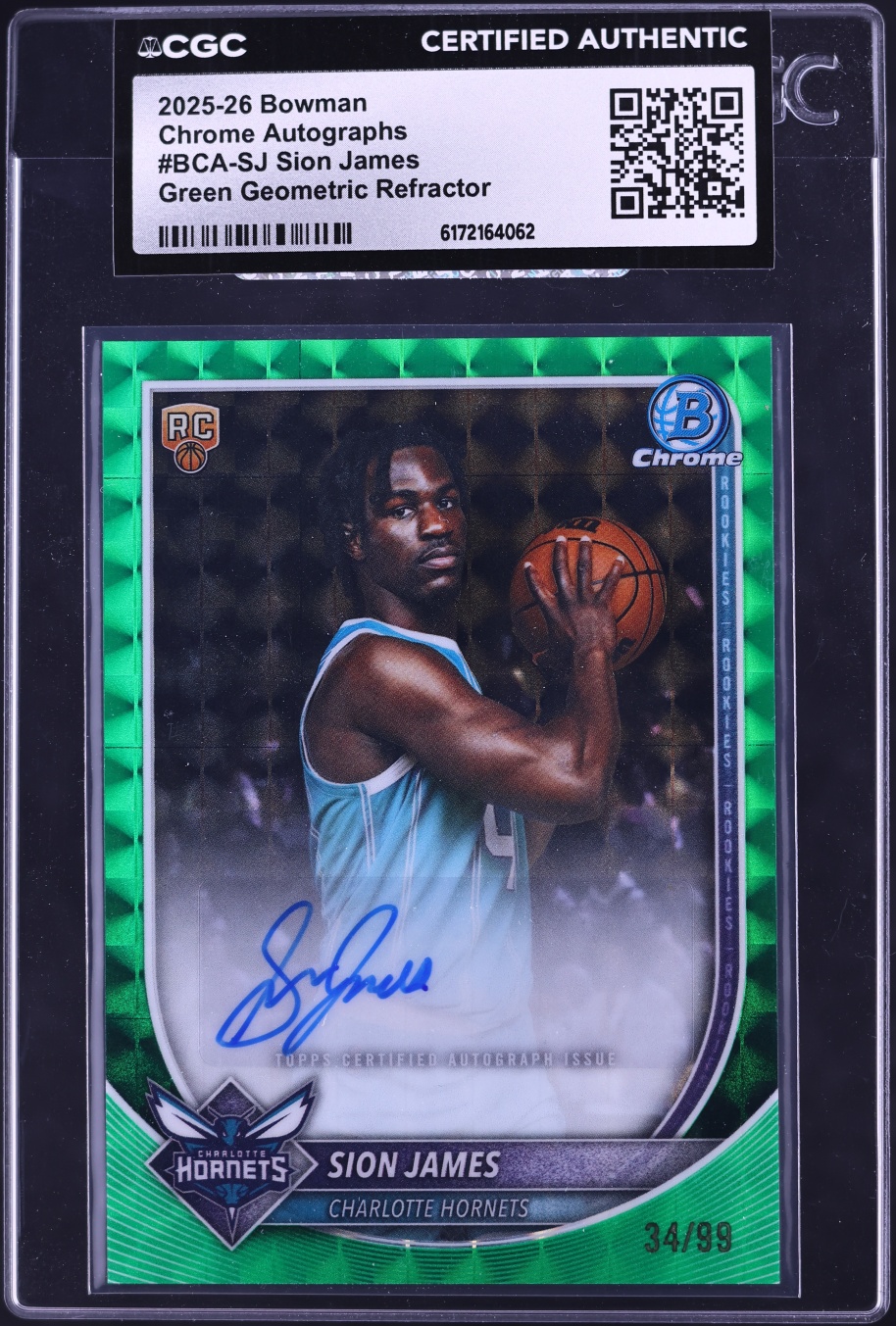 2025 Bowman Chrome Green Geometric Refractor Sion James ROOKIE AUTO /99 #BCA-SJ CGC AUTH