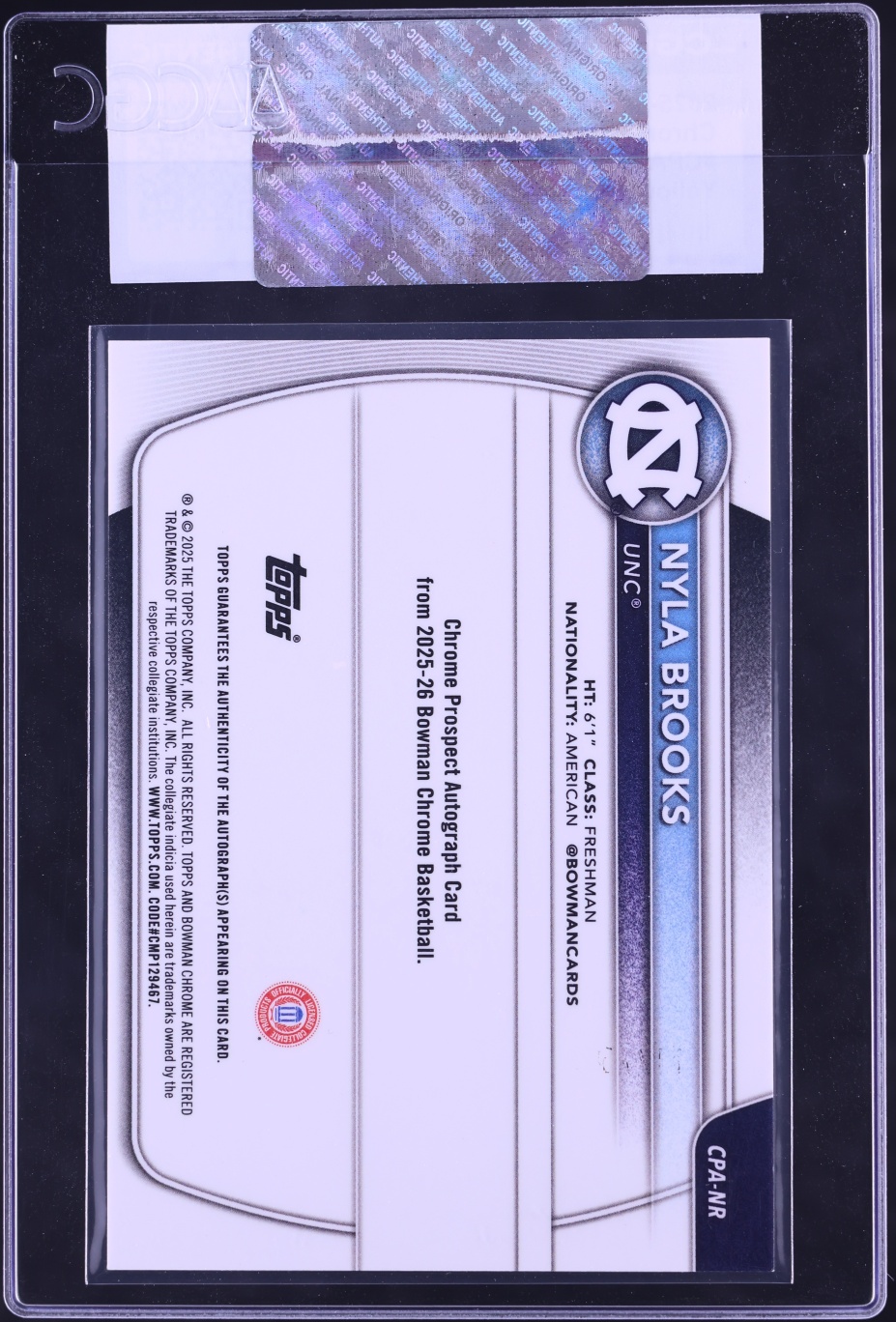 2025 Bowman Chrome University Yellow Refractor Nyla Brooks ROOKIE AUTO /75 #CPA-NR CGC AUTH