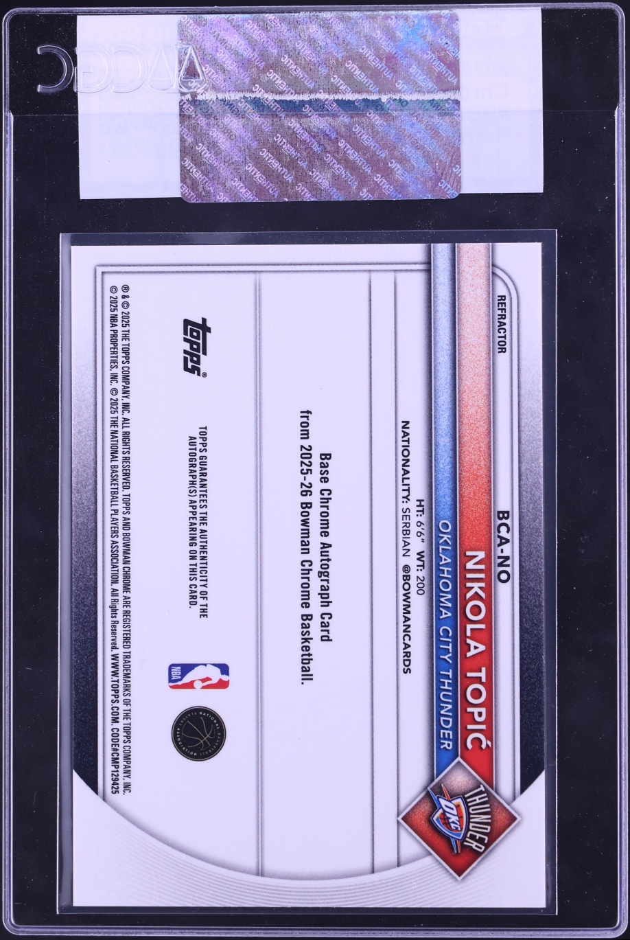 2025 Bowman Chrome Refractor Nikola Topic AUTO /499 #BCA-NO CGC AUTH