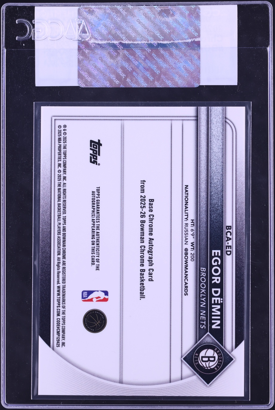 2025 Bowman Chrome Egor Demin ROOKIE AUTO #BCA-ED CGC AUTH
