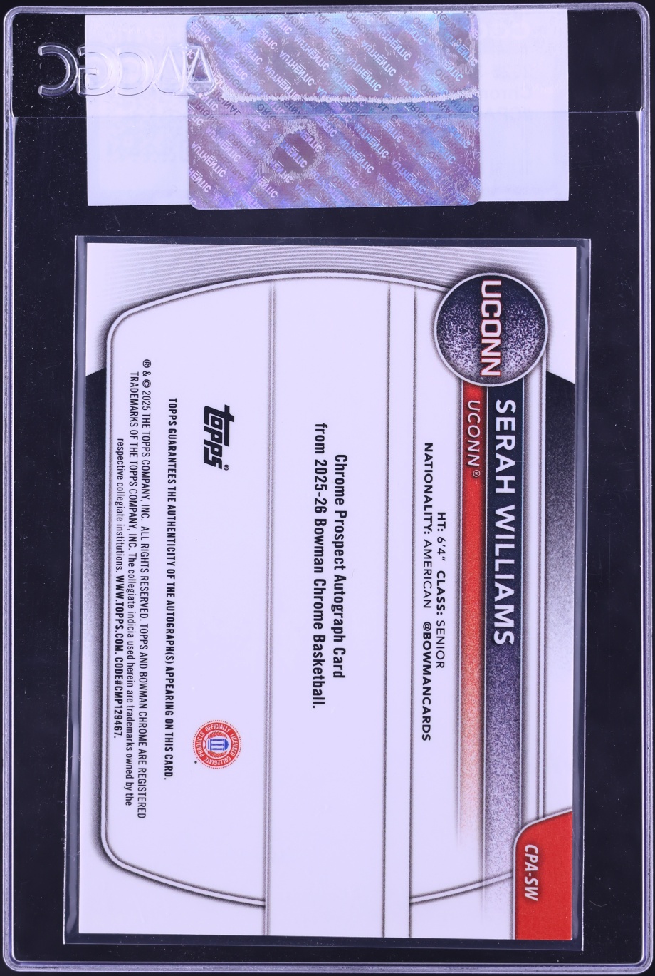 2025 Bowman Chrome University Serah Williams ROOKIE AUTO #CPA-SW CGC AUTH