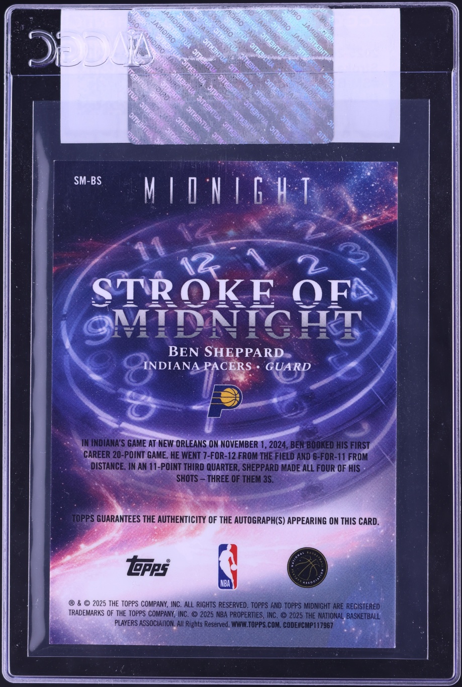 2025 Topps Stroke Of Midnight Dusk Ben Sheppard AUTO /75 #SM-BS CGC AUTH