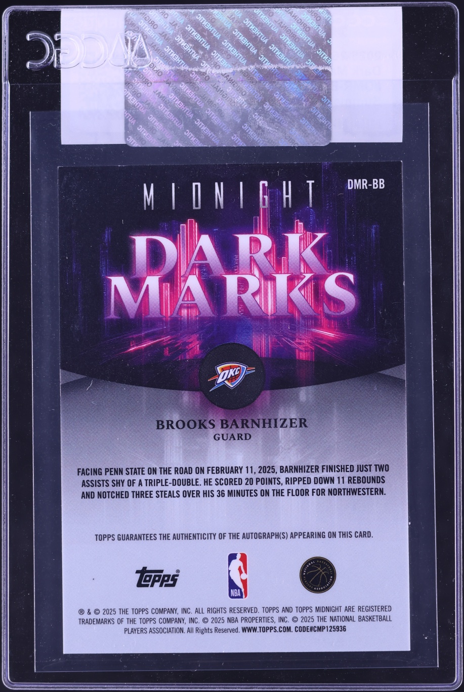 2025 Topps Midnight Dark Marks Summer Solstice Brooks Barnhizer ROOKIE AUTO /50 #DMRBB CGC AUTH