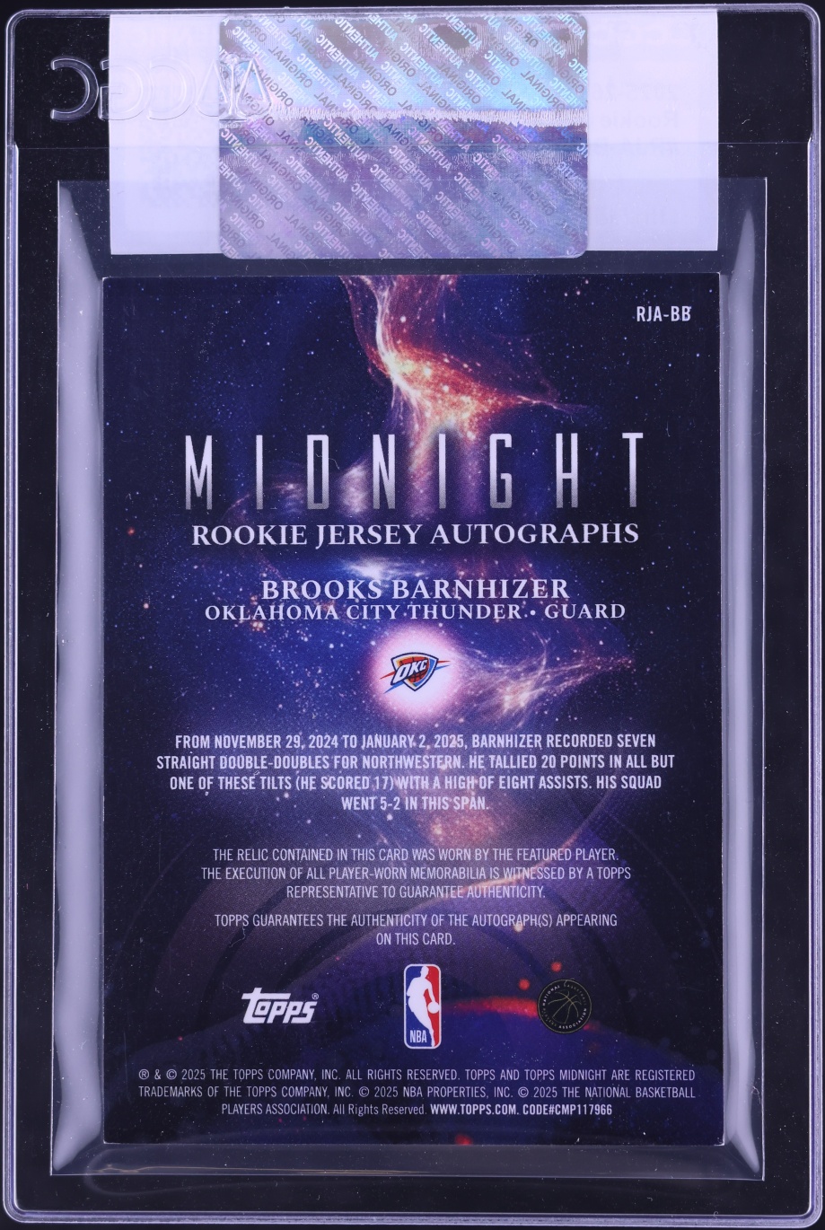 2025 Topps Midnight Brooks Barnhizer ROOKIE PATCH AUTO #RJA-BB CGC AUTH