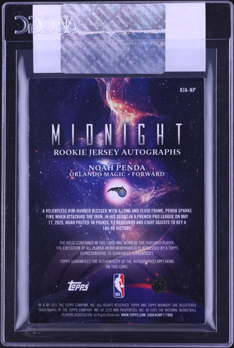 2025 Topps Midnight Twilight Noah Penda ROOKIE PATCH AUTO /199 #RJA-NP CGC AUTH