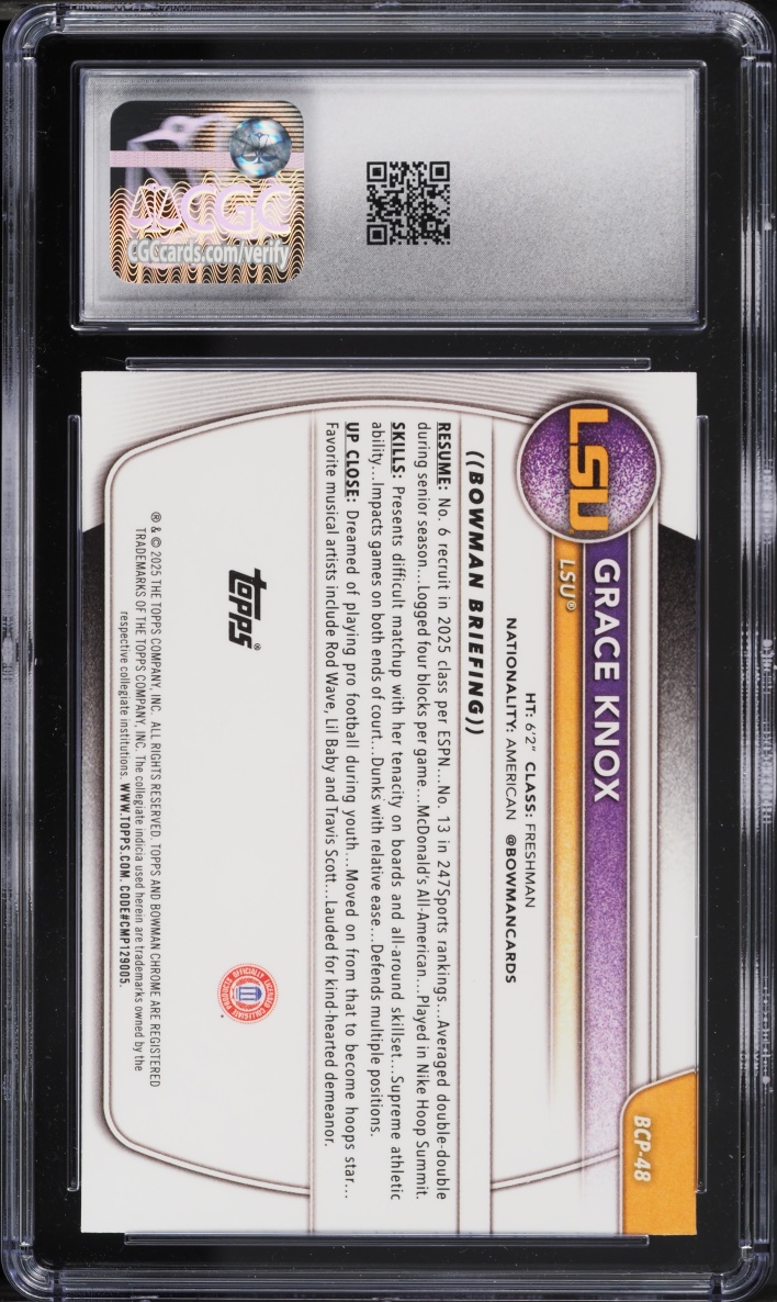 2025 Bowman Chrome Prospects Purple Refractor Grace Knox PROSPECT /250 #BCP-48 CGC 8.5 NM-MT+