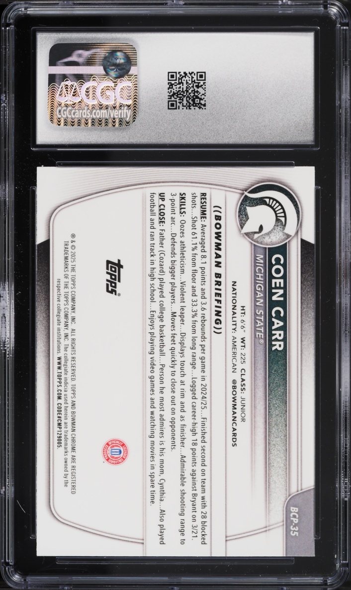 2025 Bowman Chrome Prospects Reptilian Refractor Coen Carr PROSPECT #BCP-35 CGC 10 GEM MINT