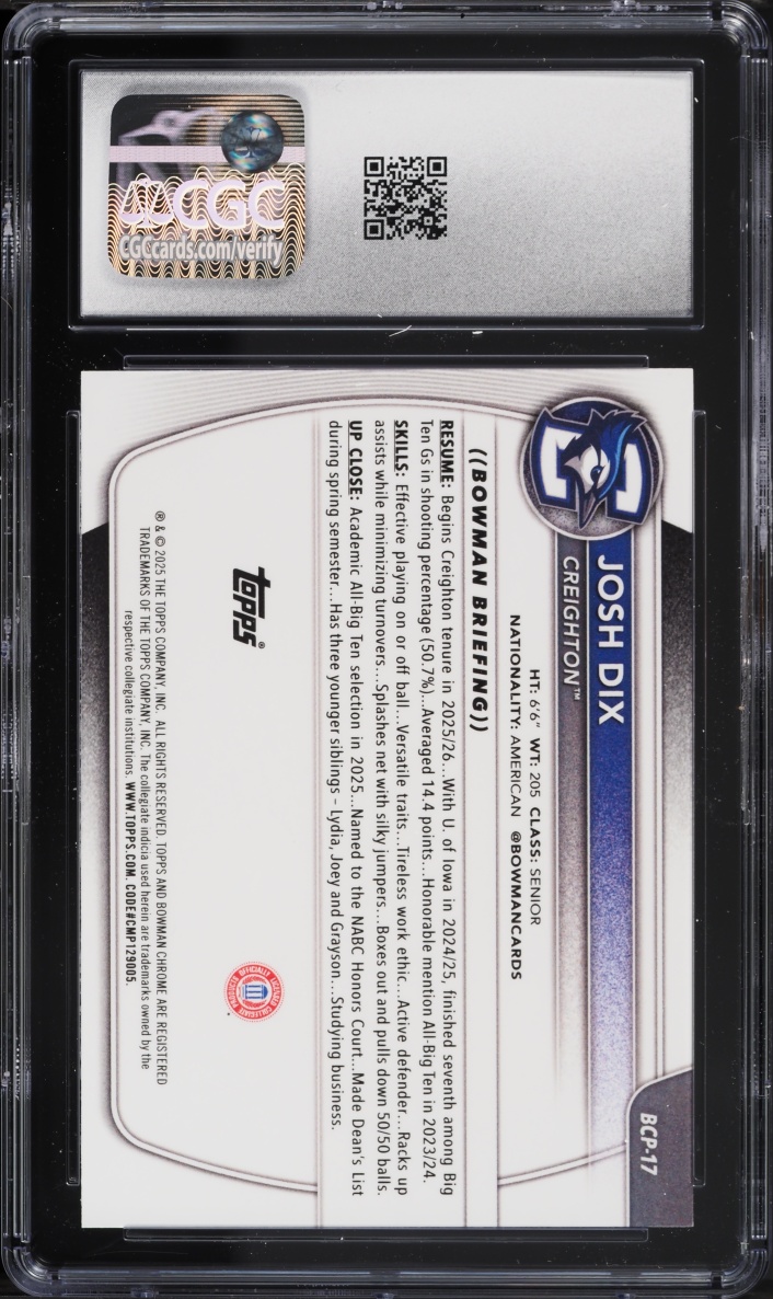 2025 Bowman Chrome Prospects Reptilian Refractor Josh Dix PROSPECT #BCP-17 CGC 10 GEM MINT